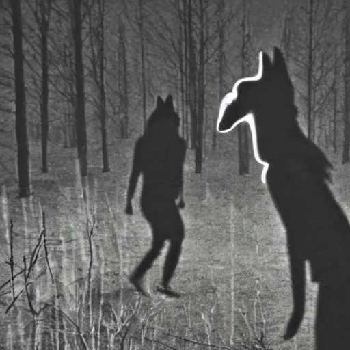 Image similar to bad quality blurry nightfootage nightcam black and white trailcam footage of native weird distorted human bodySkinwalker transforming into a coyote, low resolution, compressed