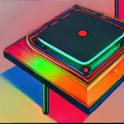 Prompt: a painting by Wayne Thiebaud of an RGB gaming pc!!!!!!!!!, cooling, high specs, ethereal!!!!!!!, by Wayne Thiebaud, neon gradient,