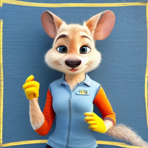 Prompt: 3 d render, portrait, mid shot, anthropomorphic mouse, female, blond fur, blue eyes, wearing denim short shorts, wearing a off yellow tank top shirt, solo, in the style of zootopia