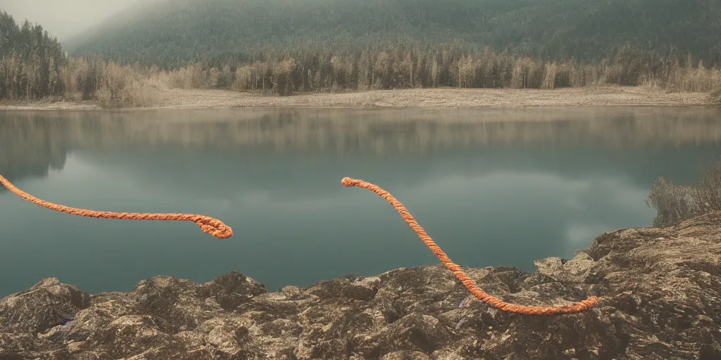 Prompt: an infinitely long rope floating to surface of water snaking across the center of the lake, overcast lake, 2 4 mm leica anamorphic lens, moody scene, stunning composition, hyper detailed, color kodak film stock