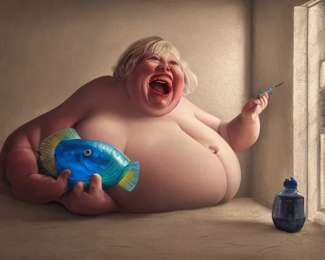 Prompt: delicate and beautiful scene in hyper realistic style, of a fat old woman is sculpting a huge colorful fish on the wall. lighting from the barred window. shadows. 4 k. wide angle. very detailed. red mouth, blue eyes. deep focus, lovely scene. ambient occlusion render. unreal engine.