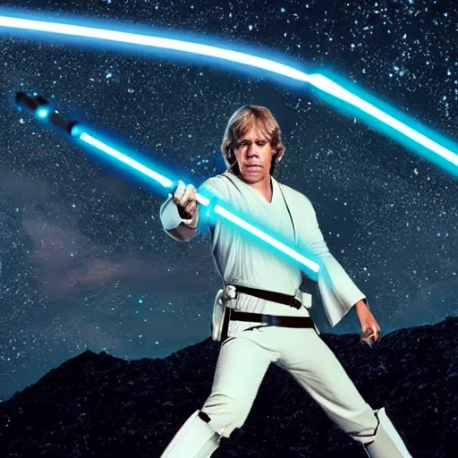 Image similar to luke skywalker pointing at stars with his lightsaber