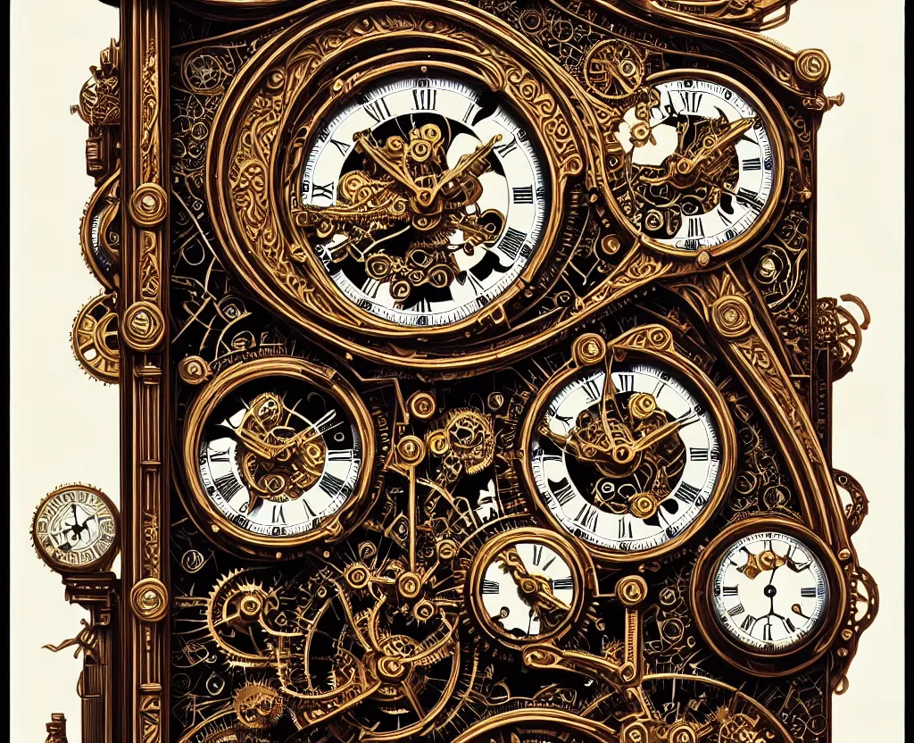 Image similar to ornate steampunk grandfather clock, high details, intricately detailed, by vincent di fate, inking, lineart, 3 color screen print, masterpiece, trending on artstation,, sharp, details, hyper - detailed, hd, 4 k, 8 k