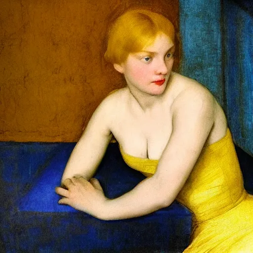 Image similar to close up of a beautiful girl in a blue and gold haunted liminal abandoned room, film still by edward hopper, by Pontormo, by klimt, art noveau, highly detailed, strong lights, liminal, eerie, Bright pastel colors