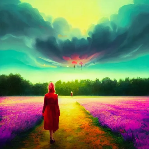 Image similar to giant flower as a head, girl walking in flower field, surreal photography, sunrise, dramatic light, impressionist painting, colorful clouds, digital painting, artstation, simon stalenhag