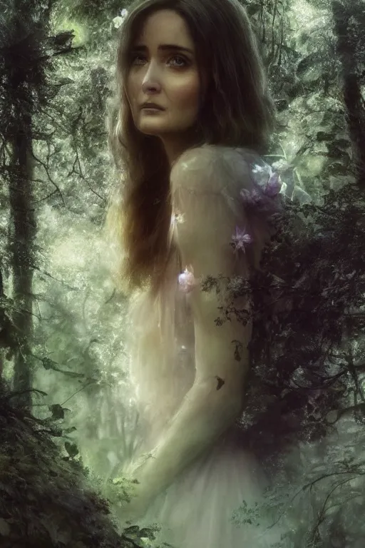 Prompt: A beautiful fairy princess(looking like Rose Byrne), in a dark forest, telephoto close up, cool tones, underexposed, overecast, mysterious matte painting by greg rutkowski and marc simonetti and Ivan Shishkin and christophe Vacher, 4k