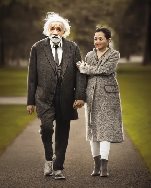 Image similar to a portrait of einstein and modi walking whilst holding hands, highly detailed, trending on artstation, bokeh, 9 0 mm, f / 1. 4