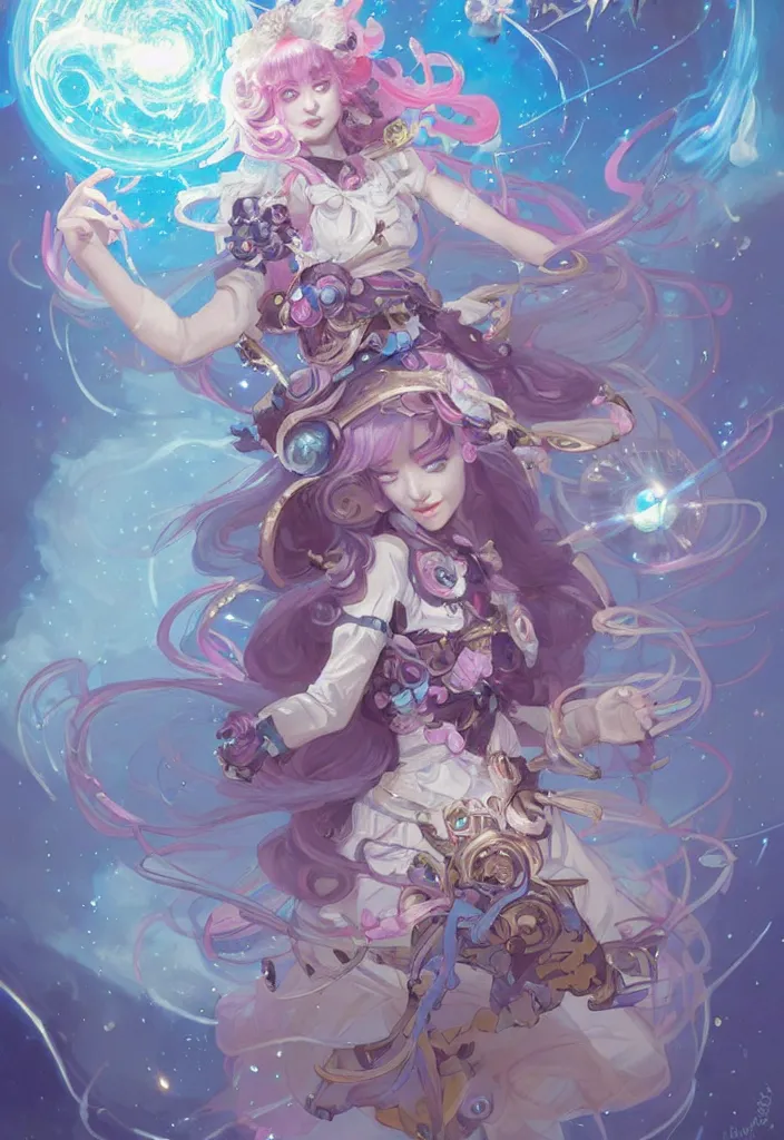 Image similar to full body picture of an maximalist dress magical girl, neat hair with bangs, smug face, extremely beautiful and aesthetic and detailed cute face and eyes, wipe out evils with cute astronaut familiar sprites, aming the magical beams to the camera, chiaroscuro, intricate, masterpiece, epic fantasy illustrations by peter mohrbacher and anato finnstark and jeremy lipking