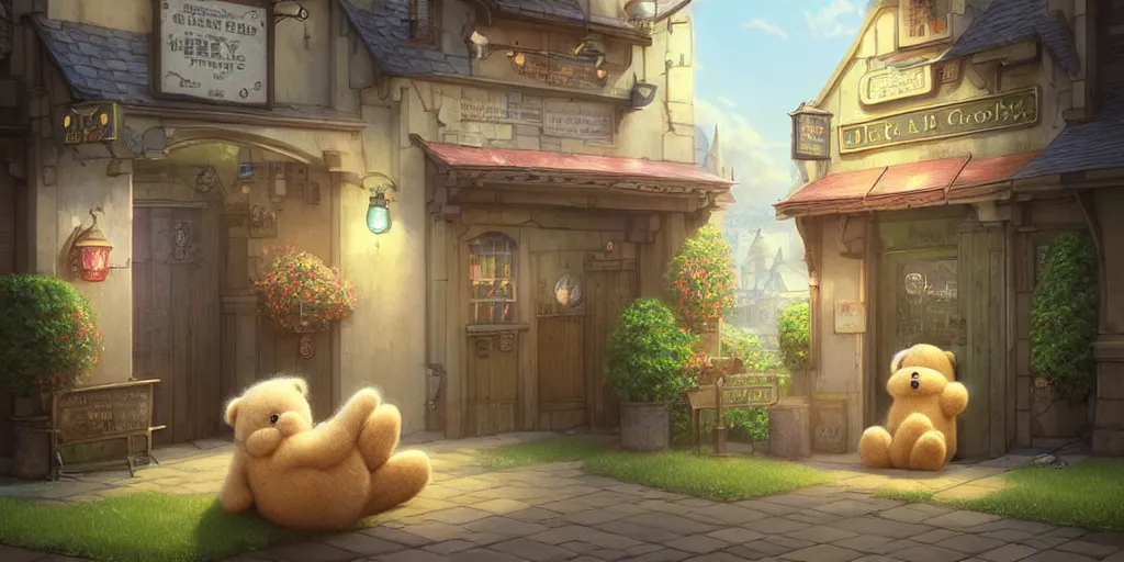 Prompt: lab to create a cute teddy bear entering an entrance of irish pub, natural lighting, playful color scheme, intricate details, matte painting, illustration, by hayao miyazaki