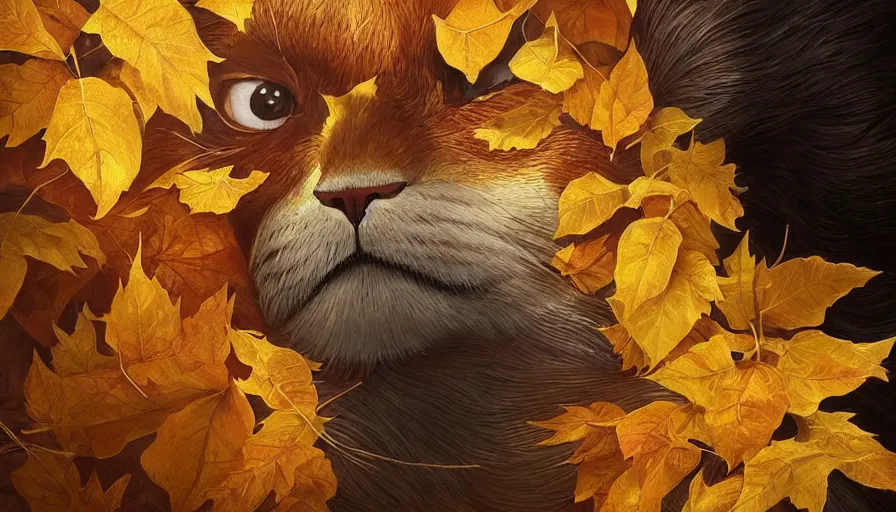 Image similar to golden leaves at frame border, creative!!! composition for a book cover!!!, absurdly beautiful, ultrafine hyperrealistic detailed animal face by wlop and artgerm and greg rutkowski, intricate linework, sharp focus, smooth, octopath traveler, final fantasy, unreal engine, dramatic lighting, ethereal, 8 k