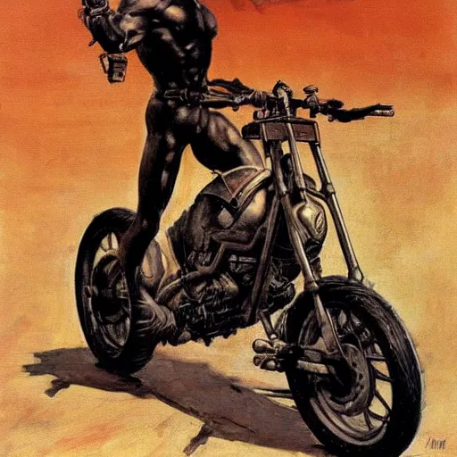 Prompt: into glory ride, artwork by Frank Frazetta, motorcycle, muscular warrior holding sword