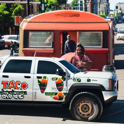 Prompt: a taco monster the size of a car causing chaos downtown