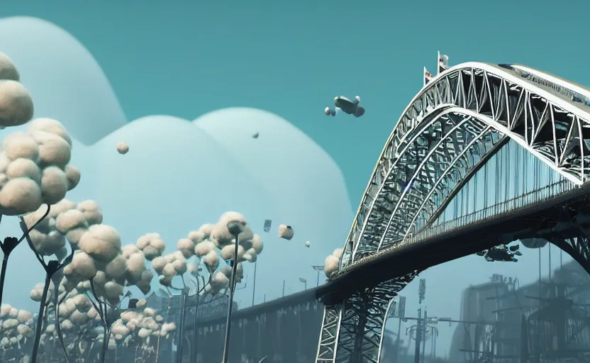 Prompt: a big harbour bridge is destroyed by explosions in the form of white cotton plants, 3 d octane render, epic lighting, 8 k, by goro fujita