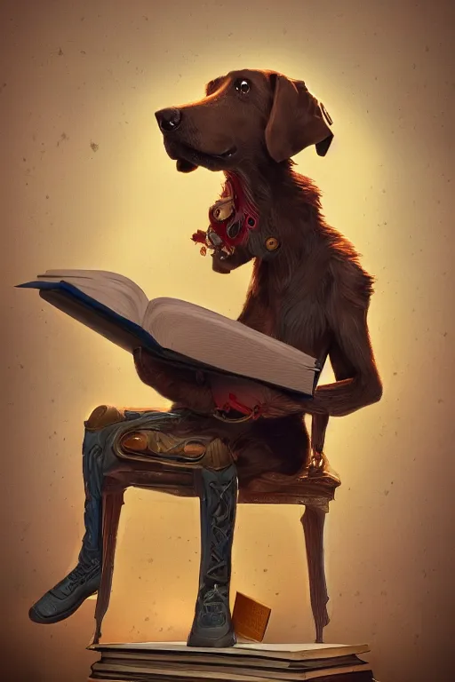 Prompt: well-dressed humanoid dog reading a book, vivid colors, high details, cinematic, 8k resolution, beautiful detailed, photorealistic, digital painting, artstation, concept art, smooth, sharp focus, illustration, fantasy background, artstation trending, octane render, unreal engine