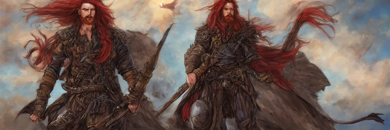 Image similar to colored pencils an epic fantasy comic book style portrait painting of a long haired, red headed male sky - pirate in front of an airship, character sheet, fine details, concept design, contrast, kim jung gi, pixar and da vinci, trending on artstation, 8 k, 3 6 0 head, turnaround, front view, back view, ultra wide angle