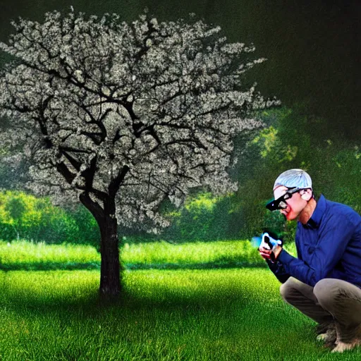 Image similar to tim cook eating an apple below an apple tree, cinematic digital art