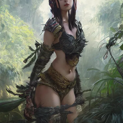 Prompt: warrior neko woman in a jungle with cat ears wearing armor, fantasy art, highly detailed character, by yoshitaka amano, by jeremy lipking, by greg rutkowski, illustration, volumetrics, nature