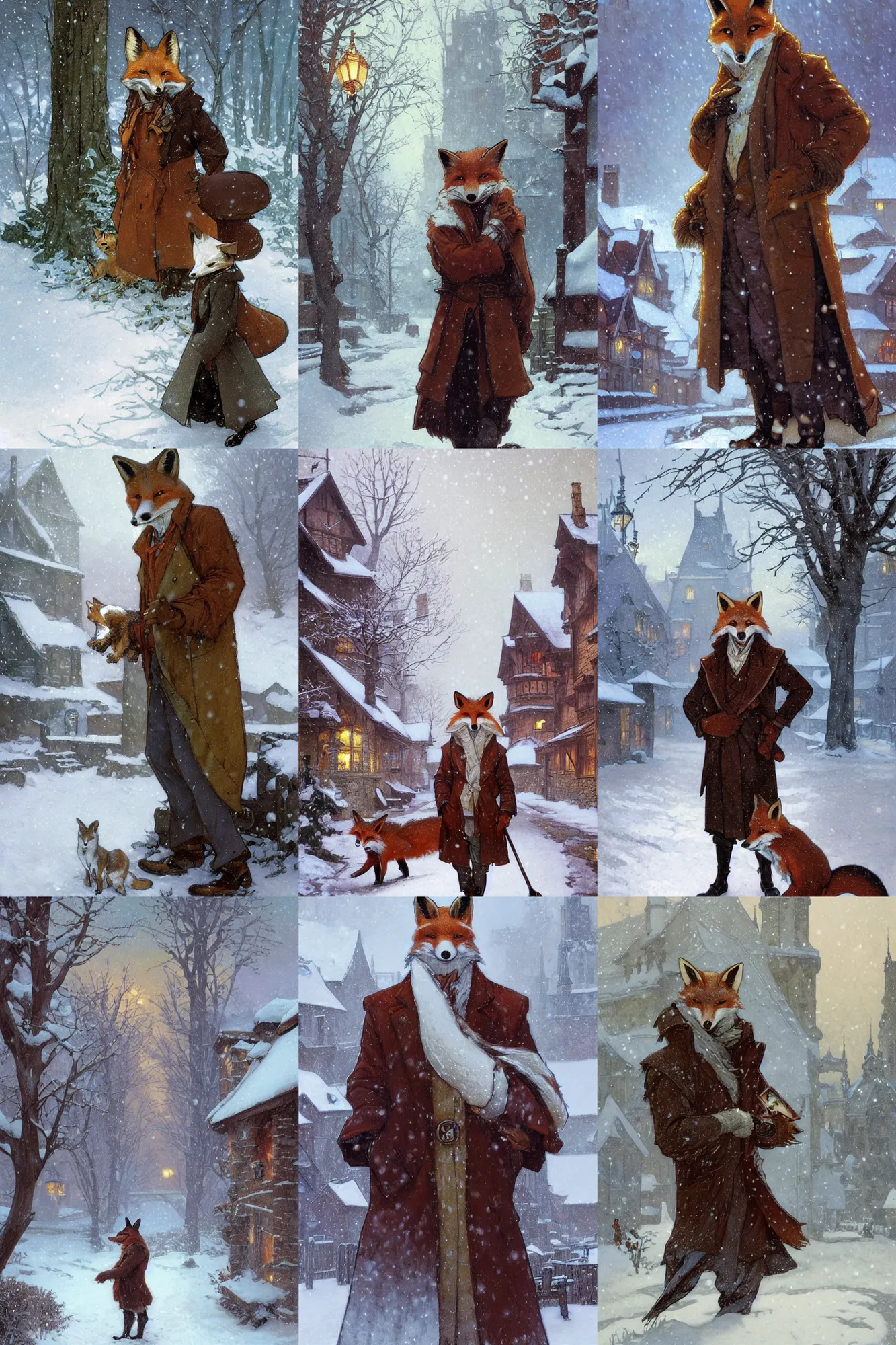 Prompt: an anthropomorphic fox man wearing a long coat in a snowy village, character illustration by greg rutkowski, thomas kinkade, alphonse mucha, norman rockwell