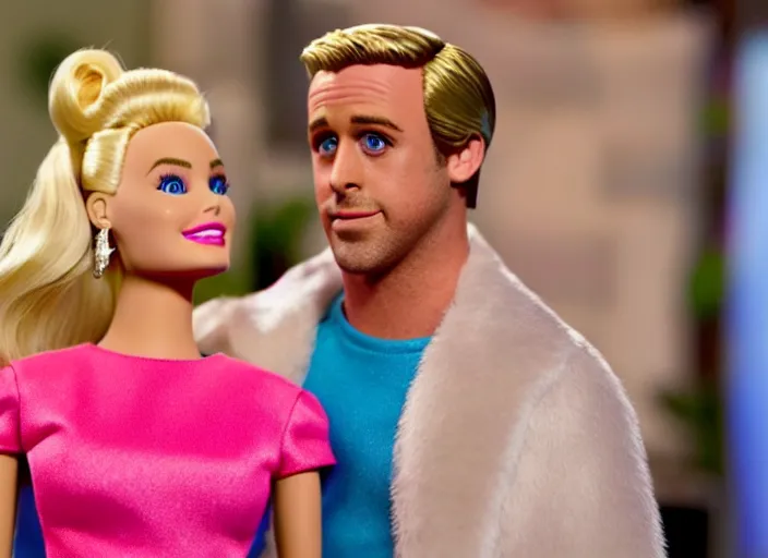 Image similar to a movie still of margot robbie as barbie. ryan gosling as ken doll. on the set of the new live action barbie movie.