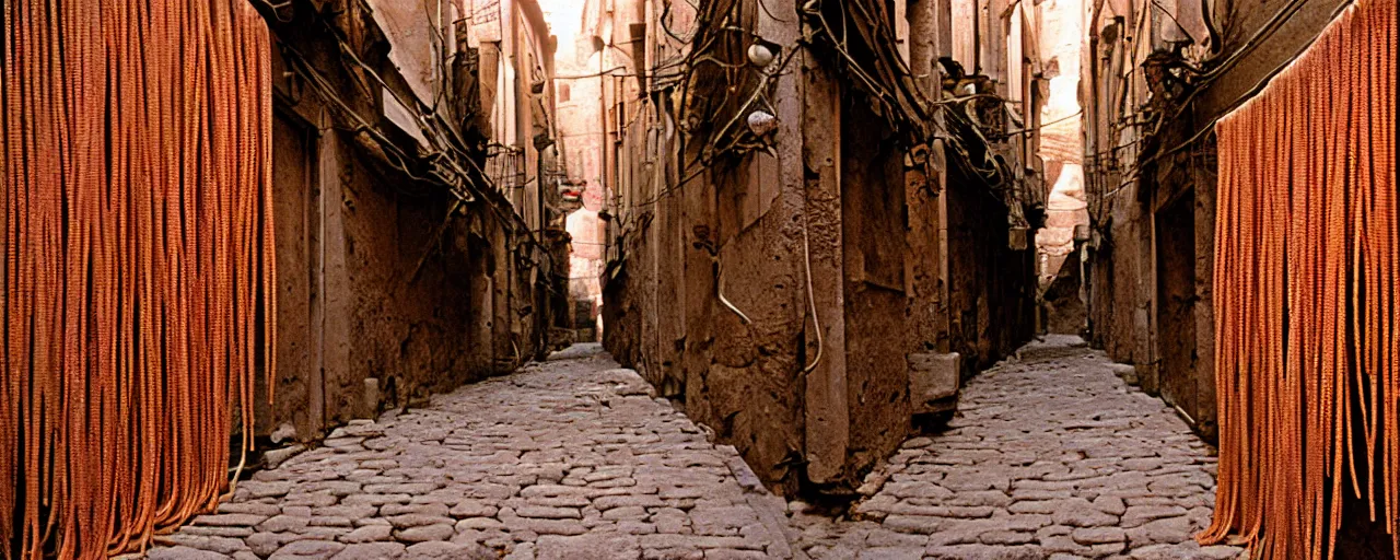 Prompt: ancient roman alley covered in spaghetti, circa 1 0 0 bc, sigma 8 0 mm, cinematic lighting, photography, wes anderson, kodachrome