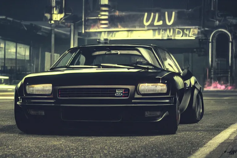 Image similar to widebody all black audi camaro b 1 ( 1 9 6 9 ), need for speed : carbon, at night, sci - fi, neon lines, phonk music background, smoke behind wheels, noise, dark, establishing shot, by simon stalenhag