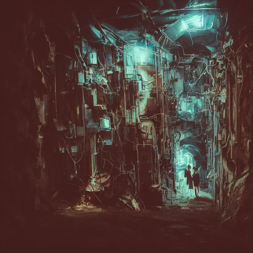 Prompt: a couple parting ways in a dark tunnel with a light on, cyberpunk art by Elsa Bleda, trending, light and space, dystopian art, futuristic, circuitry