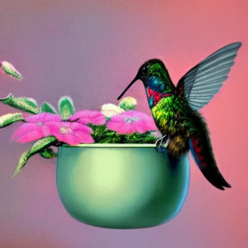 Prompt: long shot of a very fluffy hummingbird chick nesting in a floral cup, esao andrews, by m. w. kaluta, humorous illustration, hyperrealistic, tilt shift, warm colors, night scenery, low light, 3 d octane render, 4 k, volumetric lights, smooth, cosy atmosphere, conceptart, hyperdetailed, trending on deviantart