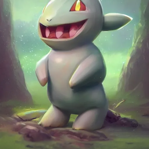 Image similar to a cute beautiful stone type pokemon with beautiful happy smile, full body portrait, highly detailed digital art, 3 d perspective, award - winning illustration, aesthetic, smooth, pokemon style, made by greg rutkowski, with an alien landscape in the background