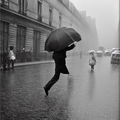 Image similar to the man leaping with an umbrella in a raining paris street, by henri cartier bresson,