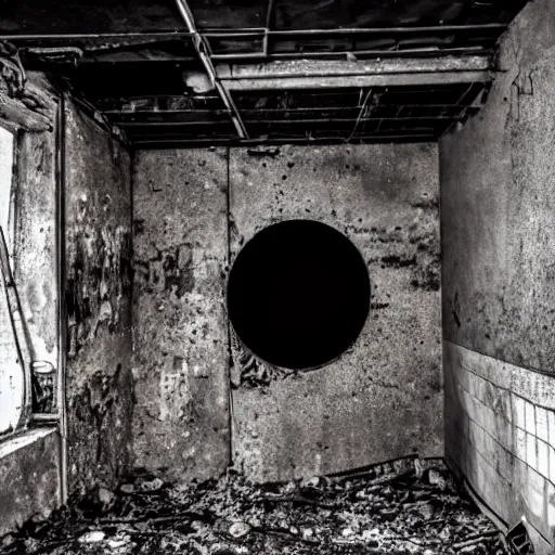 Prompt: a black hole forming in the grimy grungy basement of an abandoned apartment black