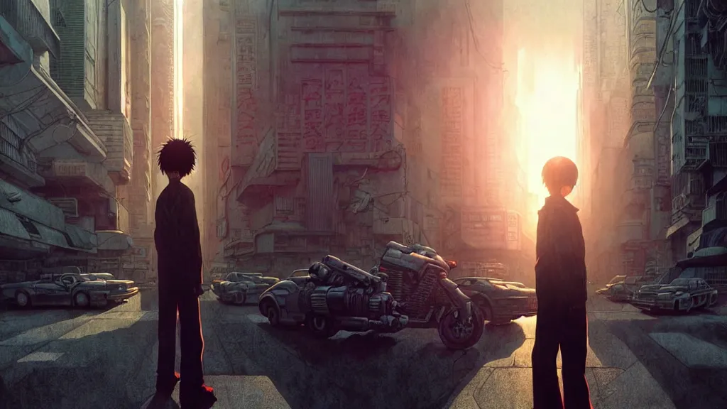 Image similar to realistic aesthetic highly detailed photography of characters in akira scene, characters with hyperrealistic highly detailed faces. from akira by katsuhiro otomo and alejandro hodorovski and denis villeneuve and gregory crewdson style with many details by mike winkelmann and vincent di fate in sci - fi style. volumetric natural light hyperrealism photo on dsmc 3 system