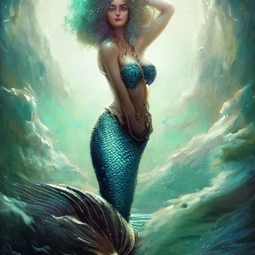 Image similar to beautiful mermaid with curly hair, magical details, magical atmosphere, cinematic lighting, hyper - detailed, cgsociety, 3 - d 8 k, high resolution, in the style of charlie bowater, tom bagshaw, alexis franklin, elena masci, pawel rebisz