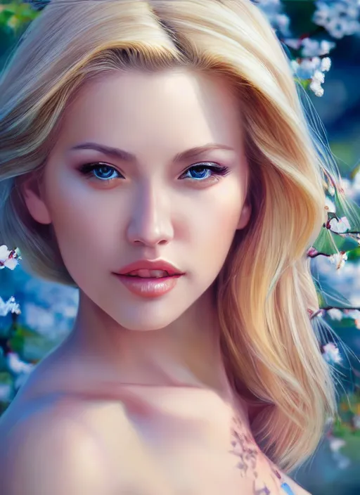 Image similar to photo of a gorgeous blonde female in the style of stefan kostic, realistic, half body shot, sharp focus, 8 k high definition, insanely detailed, intricate, elegant, art by stanley lau and artgerm, extreme blur cherry blossoms background