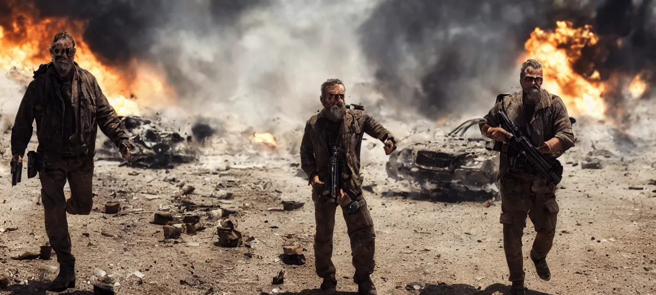 Prompt: Cinematic action movie still of a weary battle-worn rugged man holding a desert eagle casually walking away from an explosion in the background, the man is wearing aviator sunglasses, cinematic, award winning cinematography, high resolution
