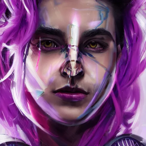 Prompt: extreme close up facial portrait of a beautiful woman with purple hair in sci - fi armor, glowing pupils, stoic, powerful, by benedick bana and artur bordalo and tom bagshaw and craig davison and guy denning and harumi hironaka, trending on artstation hq, deviantart, pinterest, 4 k uhd image