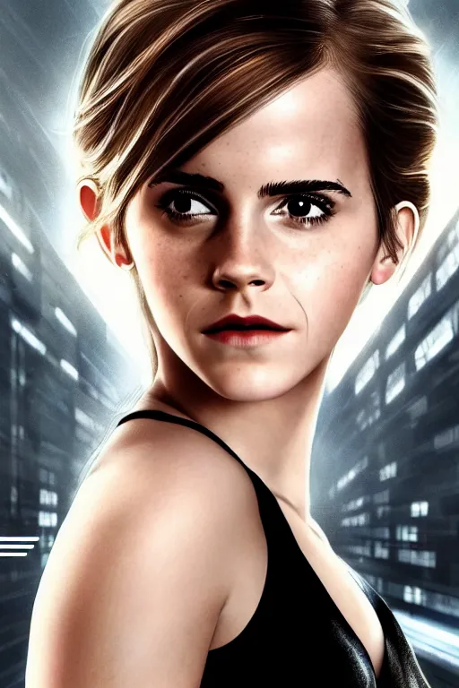 Prompt: Emma Watson, head and shoulders movie poster, the background is a huge futuristic city, cyberpunk style futuristic neon lights, artstation cgsociety masterpiece highly-detailed
