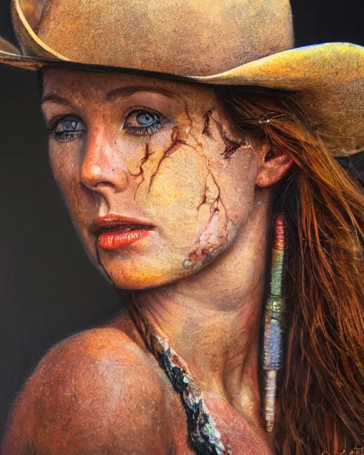 Image similar to acrylic portrait of scarred cowgirl, high production value, intricate details, high resolution, hdr, high definition, masterpiece, realistic, ultrarealistic, highly detailed, hd, sharp focus, non blurry, sharp, smooth