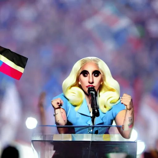 Image similar to Lady Gaga as president, Argentina presidential rally, Argentine flags behind, bokeh, giving a speech, detailed face, Argentina