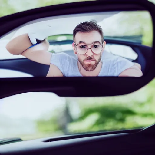 Image similar to a white dude in a car, watching someone on discord create images, 4 k, photography