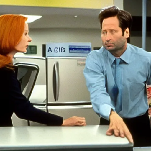 Image similar to mulder and scully investigate the fridge at the dmv, television still