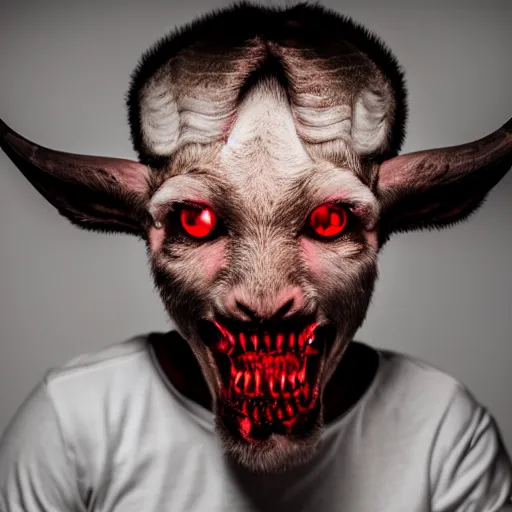 Prompt: a man with small goat horns growing from his head. glowing red eyes and sharp teeth. portrait photography, studio lighting, cinematic, chilling 4 k
