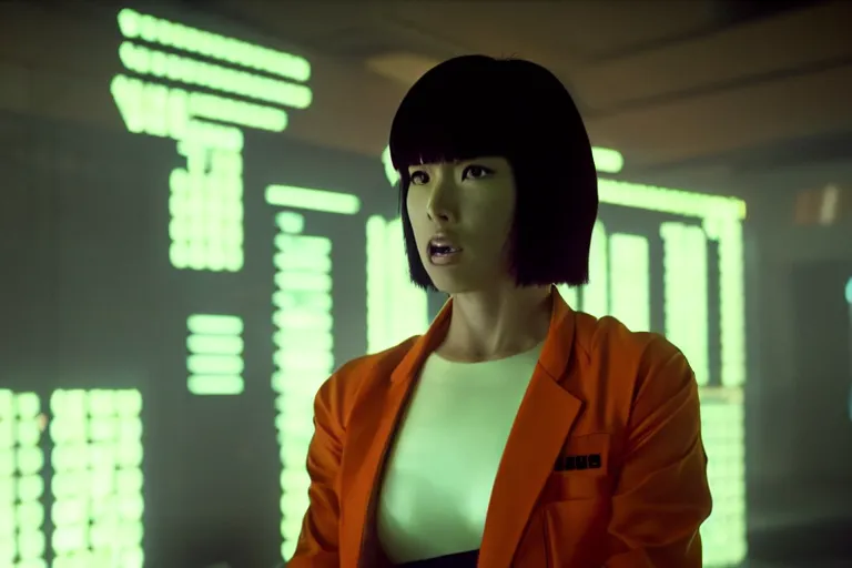 Prompt: major motoko wearing an orange prison jumpsuit, a large hologram of a screaming face dominates the background, photography by fred palacio medium full shot still from bladerunner 2 0 4 9, sci fi, bladerunner, canon eos r 3, f / 3, iso 2 0 0, 1 / 1 6 0 s, 8 k, raw, unedited