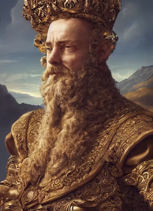 Image similar to wisened philosopher king (an absolute monarch of his wealthy european kingdom) resides on his trone, his gaze transfixed on the horizon of the infinite timespan, highly detailed DnD portrait by Raffaello Ossola and Ross Tran and Greg Rutkowski, stunning detail, 8k, 4k