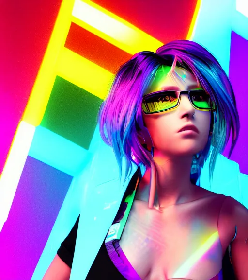 Prompt: a cyberpunk woman with rainbow hair wearing a flared mini skirt, vaporwave, glitch art, 9 0 s vhs aesthethic, digital art by wlop, by hideaki anno, neon lights, octane render, anime style