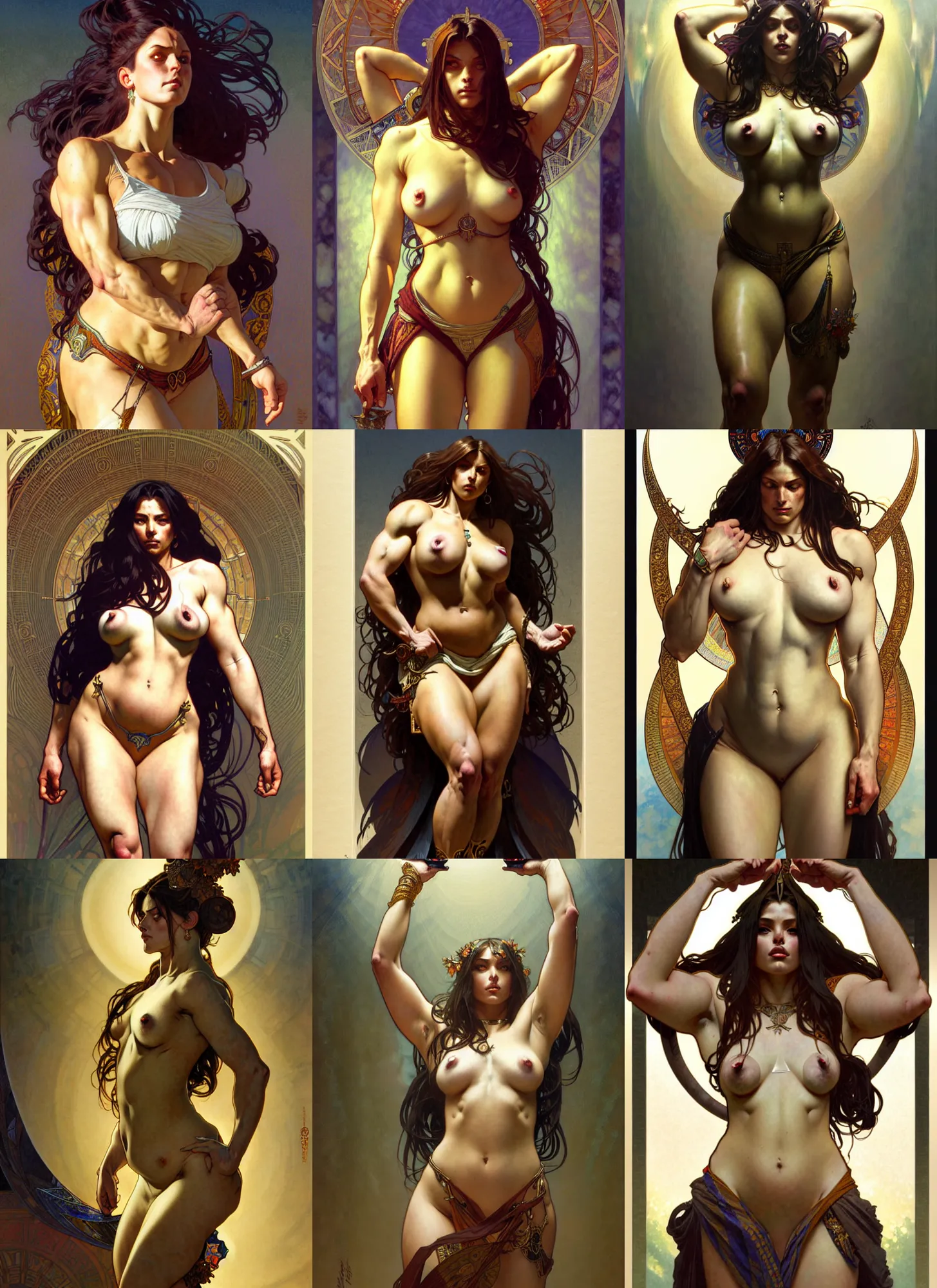 Prompt: portrait of a full body of beautiful, voluptuous and strong female high priestess flat lighting, intricate, muscular, highly detailed, smooth, sharp focus, illustration, art by simon bisley and greg rutkowski and alphonse mucha, natural tpose