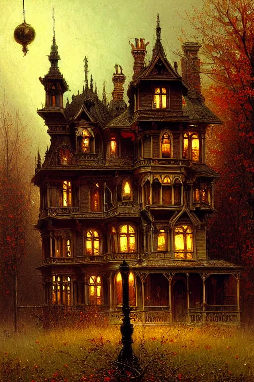 Image similar to detailed painting of a haunted victorian living capsule architecture, autumn, filigree ornaments, ghostly apparitions, andreas achenbach