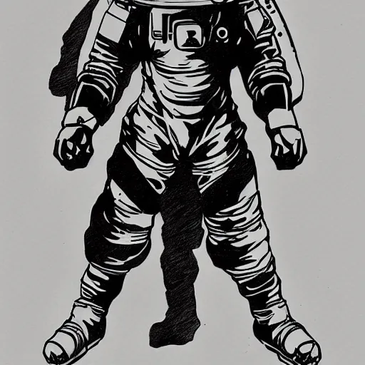 Image similar to character concept art, manga drawing, astronaut, sci fi!!!!, pen and ink illustration, mike mignola, trending on artstation