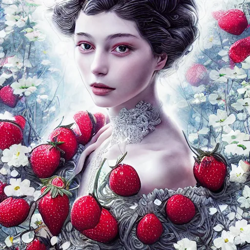 Prompt: the portrait of an absurdly beautiful, graceful, elegant, sophisticated, fashionable young woman made of strawberries and white petals looking down, an ultrafine hyperdetailed illustration by kim jung gi, irakli nadar, intricate linework, bright colors, octopath traveler, final fantasy, unreal engine 5 highly rendered, global illumination, radiant light, detailed and intricate environment