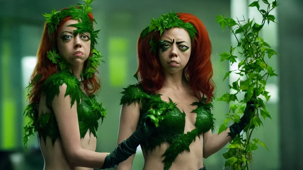 Image similar to Aubrey Plaza as Poison Ivy in The Dark Knight, green skin film still from the movie directed by Denis Villeneuve with art direction by Salvador Dalí, wide lens