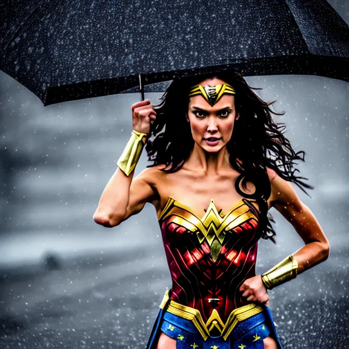 Image similar to fully body pose, photo of a very beautiful!! victoria secret model, wonder woman, wet hair, raining, 8 k, hdr, smooth, sharp focus, high resolution, award - winning photo, trending on artstation, dslr, 5 0 mm